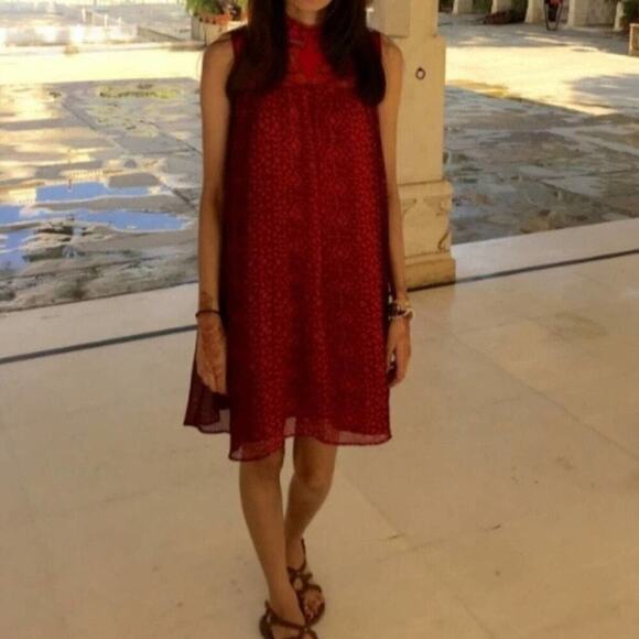 Anthropologie Niki Mahajan Sleeveless Embroidered Red Pink Lace High Neck Dress - Picture 6 of 7